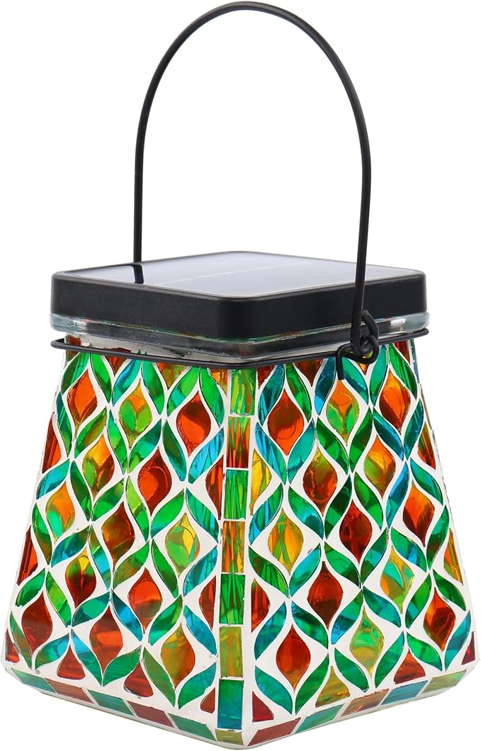 VOREEN Mosaic Solar Lantern, Colorful Mosaic Glass Decorative Lantern for Outdoor Garden & Patio, Tabletop or Hanging Solar Powered Light, Multicolor Geometric Lattice Design