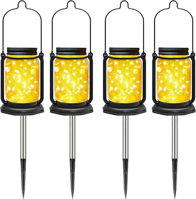 Solar Mason Jar Lights,4 Pack 30 Led Fairy Hanging Jar Lights,Solar Lanterns for Outdoor Patio Party Garden Wedding Decor Lights(Mason Jars/Handles Included)