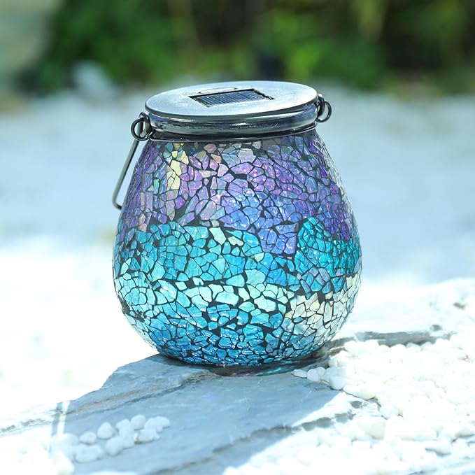 Afirst Mosaic Solar Lanterns Outdoor - Glass Hanging Solar Lights Hollow Out Waterproof Table Lamp Outdoor Decorative for Garden, Patio, Holiday Party Outdoor Decoration