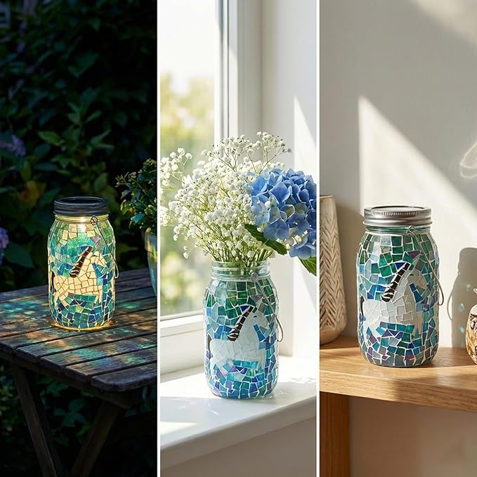 7.5" Large Mosaic Solar Lantern Outdoor: Gradient Emerald Azure Stained Glass Jar Decorative Silhouette Hanging Lights for Garden Patio Yard Artistic Glass Vase Table Lamp Gifts for Women