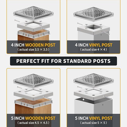 Glass Solar Post Cap Lights with Crystal Style - Decorative Deck Fence Lights for 4x4 5x5 Posts Hidden Solar Panel, Modular Design, 10Hr Runtime, IP65, Warm White, White, 2 Pack