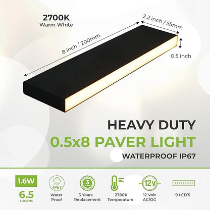 LUMENGY Paver Light Slim 0.5x8 Inch (0.55x7.87), 2700K Warm White, Glare-Free Linear Lighting for Driveways, Walkways and Paver Borders, 12V Hardwired, IP67 Waterproof, Drive-Over Rated