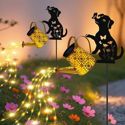 Christmas Gifts Solar Lights Outdoor Decorative, Watering Can with Cascading Lights, with Dog Silhouette Garden Stakes, Waterproof Metal Garden Decor 2 Pack