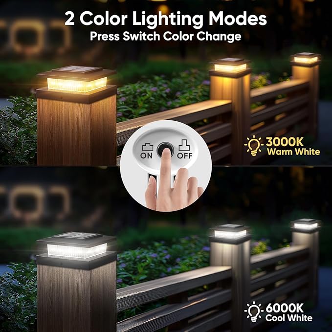Solar Post Cap Lights: 6 Pack 4x4 Solar Powered Fence Lights for Wooden Vinyl Deck Lamp Post - 96 LEDs 2 Modes Warm & Cool White - Outdoor Waterproof Modern Classic Porch Lighting