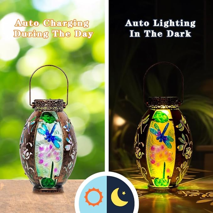 STARSOUL Solar Lantern Outdoor Waterproof, Hanging Solar Lantern for Patio Garden Yard Decor, Dragonfly Garden Decor, Dragonfly Gift for Women