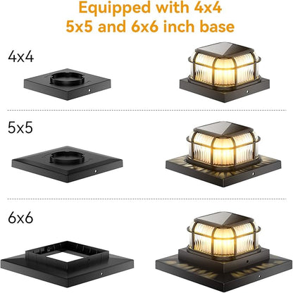 Solar Post Light 8 Packs with 4x4, 5x5 and 6x6 Inches Base for Vinyl/Wooden Posts, Bright 16 LEDs Solar Cap Lights with Two Light Modes for Decorating Deck, Patio, Porch, Fence (Black)