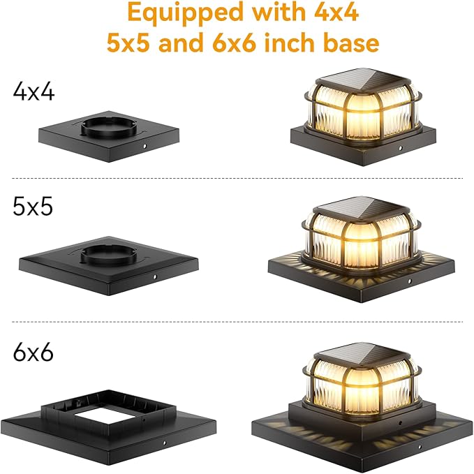 Solar Post Light 4 Packs with Two Light Modes, Includes 4x4, 5x5 and 6x6 Base for Vinyl/Wooden Posts, Bright 16 LEDs Cap Lights Decorate Deck, Patio, Porch, Fence (Black)