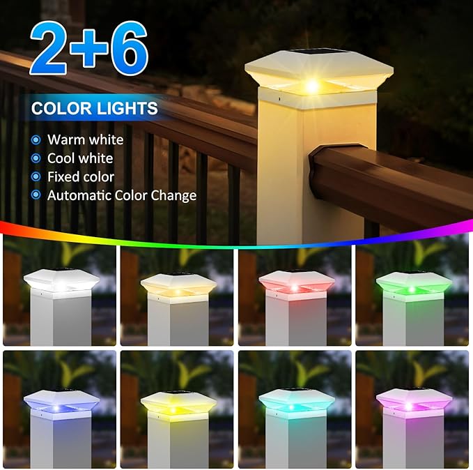 T-SUN Solar Post Cap Lights with Auto-Change Colors- for Wooden (4x4/6x6) & Vinyl (4x4/5x5) Posts | Weatherproof Outdoor Solar Fence Post Lights for Deck, Porch, Garden & Stairs(24-Pack,RGB)