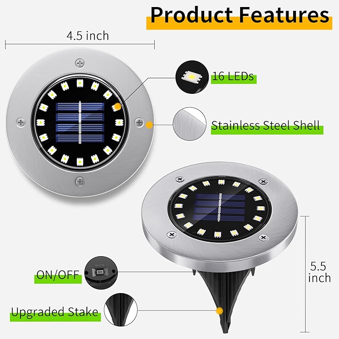 NFESOLAR Solar Lights Outdoor with 16 LEDs, Bright Solar Ground Lights Outdoor Waterproof for Yard Garden Lawn Walkway Driveway (White 8 Pack)
