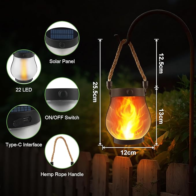 Solar Lanterns Outdoor Lights,Upgraded Flickering Flame Solar Lanterns Lights with 2 Modes Dual Charging USB & Solar, Outdoor Waterproof Hanging Lantern for Party Holiday Yard Patio Path Garden Decor