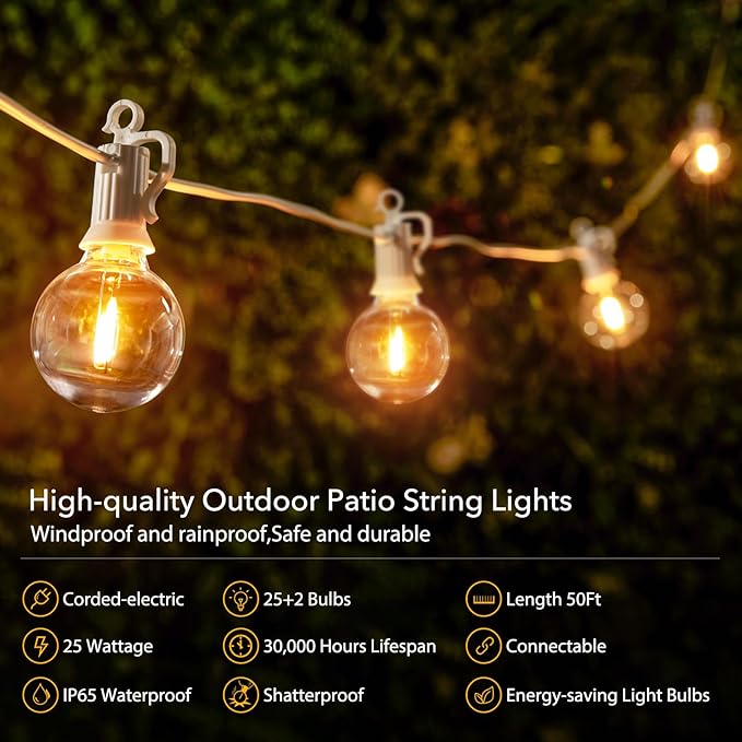 50ft White String Lights for Yard, Waterproof LED
