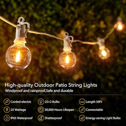 Brightown Outdoor String Lights, 50FT 25 G40 Bulbs Shatterproof Patio Lights, IP65 Waterproof Dimmable Hanging Connectable Globe LED Outdoor Lights for Backyard, Bistro, Porch, Deck, Balcony, White