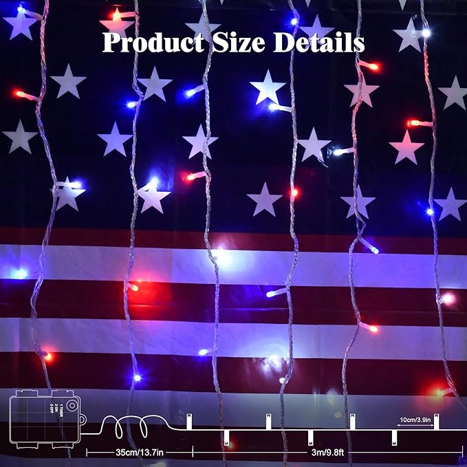 Red White and Blue Lights Battery Operated, 4th of July Lights with Timer Outdoor Waterproof 9.8ft 30 LED for 4th of July Independence Day Decorations Garland Party Garden
