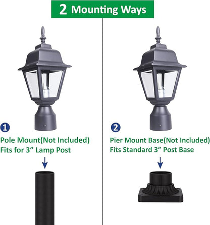 LIT-PaTH Outdoor Post Lighting Fixture Pole Lantern, E26 Medium Base Max 60W, Aluminum Housing Plus Clear Glass, Bulb Not Included, Matte Black Finish, 2-Pack