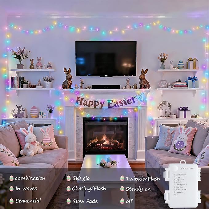 JMEXSUSS 4 Pack 50 LED Battery Operated String Lights Easter, Each 16.5ft String Lights Outdoor Waterproof, 8 Modes Pastel Easter Light Indoor with Timer for Party Christmas Garden Bedroom