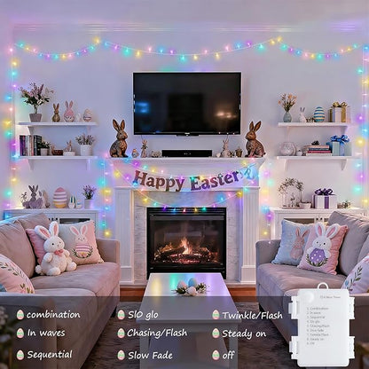 JMEXSUSS 4 Pack 50 LED Battery Operated String Lights Easter, Each 16.5ft String Lights Outdoor Waterproof, 8 Modes Pastel Easter Light Indoor with Timer for Party Christmas Garden Bedroom