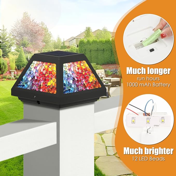 Solar Post Cap Lights - 4x4, 5x5, 6x6 Fence Post Solar Lights, Daffodils Lampshade, 15LM Bright LED, IP65 Waterproof Outdoor Post Lights for Garden, Yard, Deck, Warm White (Mosaic, 4)