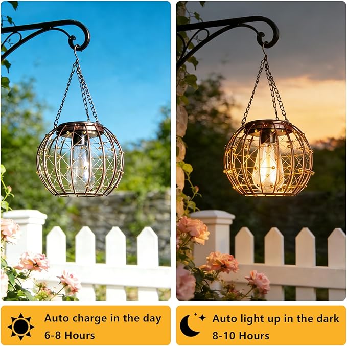 Hanging Solar Lanterns, Solar Lights Outdoor Waterpoof, Solar Chandelier with Warm White Led Bulb, Beaded Copper Wire Ball Shade Patio Garden Decor Lights for Tree Yard Pathway Wall Eave Pergola-2Pack