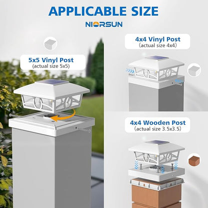 NIORSUN Solar Post Lights Outdoor, Fence Post Solar Lights Warm White Outdoor Waterproof Edison LED Bulbs Garden Patio Fence Deck Decor, 4x4 5x5 Wood Vinyl Post Cap Lights, White 6 Pack