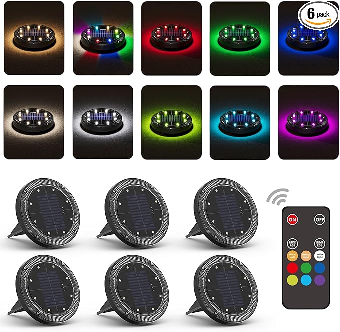 Color Changing Solar Ground Lights with 33ft Long Distance Remote Control - Flat Solar Lights Outdoor Waterproof - Pathway Lights Solar Powered for Yard Decorative Outside Lawn Walkway [6 Pack]