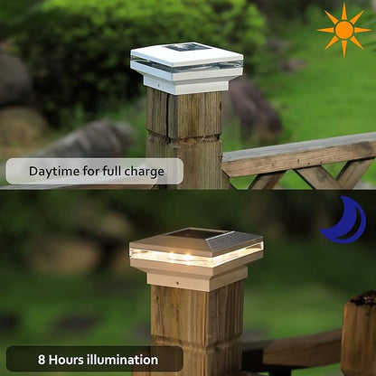 Dynaming 8 Pack Solar Post Lights, Outdoor Decorative Posts Cap Light, Solar Powered White Shell Caps, High Brightness Warm White SMD LED Lighting for Fence Deck Patio, Fit 4x4, 5x5 or 6x6 Wooden Post