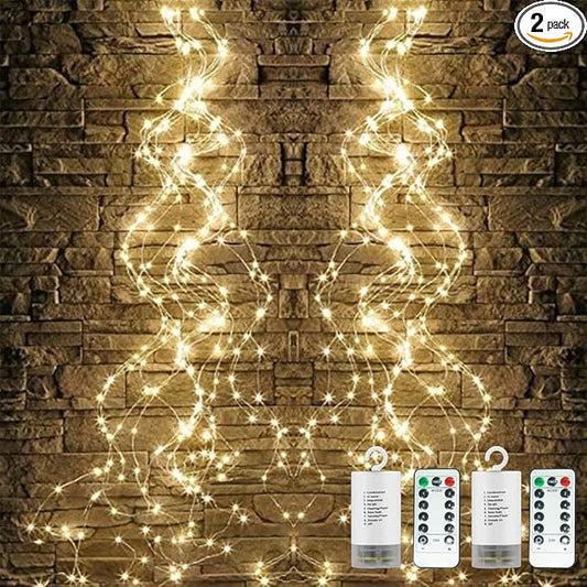 2 Pack Fairy Lights, 250 LEDs Waterfall String Lights, Battery Operated Twinkle Light with Remote, Branch Watering Can Firefly Lights for Garden Outdoor Christmas Tree Decor