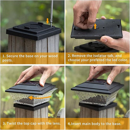 HUYIENO Solar Post Cap Lights Outdoor LED Lighting Deck Fence Cap Light Two Light Modes Warm White/Bright White Suitable for 4x4 Wooden Posts Black 2PK
