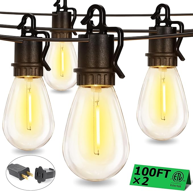 200FT Outdoor String Lights with 70 Shatterproof S14 Vintage Edison Bulbs E12 Sockets,2700K Dimmable Outdoor Lights,IP55 Waterproof LED String Lights for Outside, Patio, Garden, Backyard,Bistro