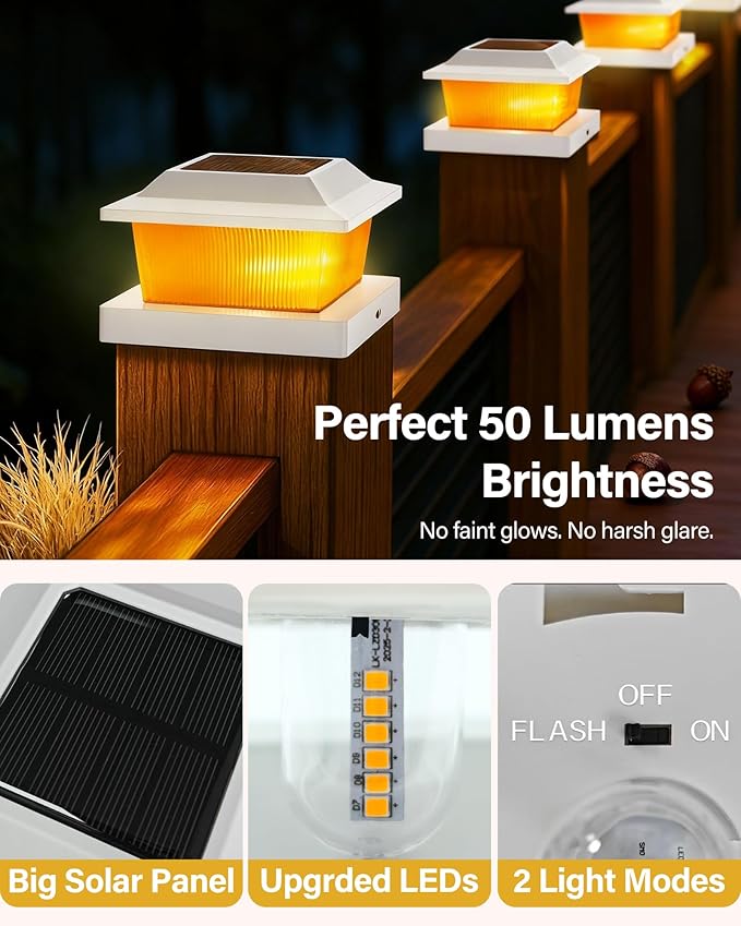Solar Post Cap Lights Outdoor for 3.5x3.5 4x4 5x5 Wood/Vinyl Posts, 18 Pack Fence Post Solar Lights with Flickering Flame & Warm Modes for Deck/Garden/Patio, IP65 Waterproof - White