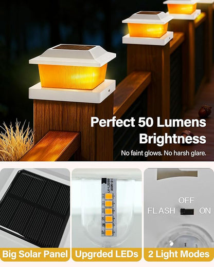 Solar Post Cap Lights Outdoor for 3.5x3.5 4x4 5x5 Wood/Vinyl Posts, 12 Pack Fence Post Solar Lights with Flickering Flame & Warm Modes for Deck/Garden/Patio, IP65 Waterproof - White