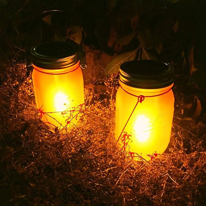 Mason Jar Solar Lights Lanterns, 6-Pack Amber Flame Flicker Lights with Glass Mason Jar,Best for Wedding Garden Patio Outdoor Solar Powered Hanging Lanterns(Jars & Hangers Included)
