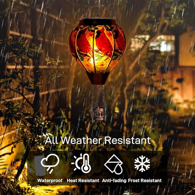 DREAMSOUL Cardinal Hot Air Balloon Solar Lantern, Hanging Solar Lanterns Outdoor with Flickering Flame Light, Glass Outdoor Lantern Waterproof for Patio Yard Party Gift Decor