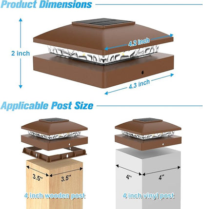 VOLISUN 4x4 Solar Post Cap Light 6pack,Solar Fence - Post Lights Brown Outdoor Waterproof for Wooden/Vinyl Post, with Warm White for Deck