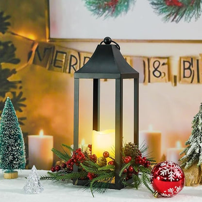 Christmas Lantern 16.2" Metal Outdoor Large Christmas Lanterns with LED Flameless Candle Hanging Lantern, Decorative Hanging Lanterns for Xmas Table Centerpieces, Front Porch, Indoor, Black