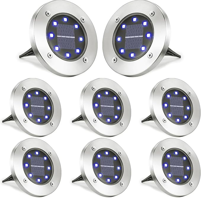 8-Pack Solar Ground Disk Lights, Blue Waterproof LED