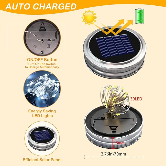 VOOKRY Solar Mason Jar Lights - 10 Pack 30 Led Solar Mason Jar Lids Outdoor Fairy Lights with 10 Hangers Waterproof for Jars DIY Party Patio Garden Table Wedding Decoration Cool White(No Jars)