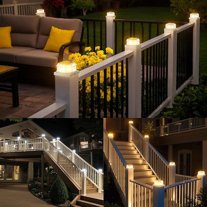 Solar Post Light 6 Packs with 4x4, 5x5 and 6x6 Inches Base for Vinyl/Wooden Posts, Bright 16 LEDs Solar Cap Lights with Two Light Modes for Decorating Deck, Patio, Porch, Fence (White)