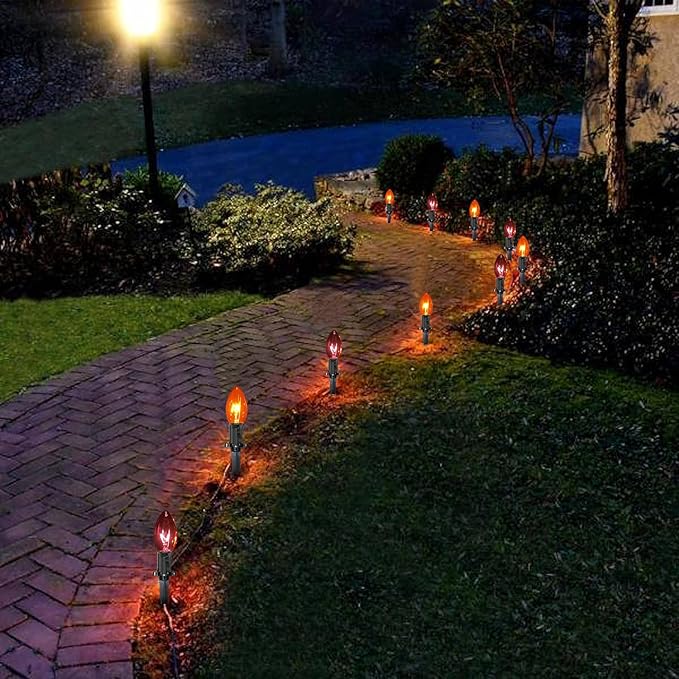 C9 Halloween Pathway Lights Outdoor, 19.5Ft Halloween Decorations Pathway String Lights with 10 C9 Orange and Black Stakes Lights for Walkway Yard Lawn Garden Sidewalk