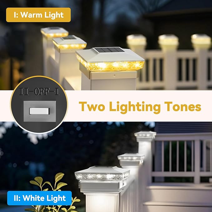 Solar Post Cap Lights, 6 Pack Upgraded Outdoor Deck Fence Post Solar Lights for 4x4 5x5 Wood/Vinyl Posts, IP65 Waterproof, 10-12 Hours Warm/Cool White Glow for Garden/Patio/Porch - White