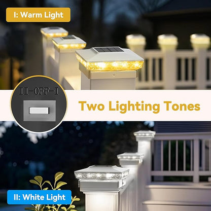 Solar Post Cap Lights, 6 Pack Upgraded Outdoor Deck Fence Post Solar Lights for 4x4 5x5 Wood/Vinyl Posts, IP65 Waterproof, 10-12 Hours Warm/Cool White Glow for Garden/Patio/Porch - White