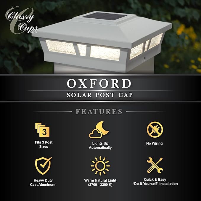 Classy Caps SLX772C 6x6 Brown Aluminum Oxford Solar Post Cap – High-Performance Solar Lighting, 2 LEDs, Durable Cast Aluminum, Decorative Glass Lens, Easy DIY, Fits 6"x6", 5.5"x5.5", 5"x5"