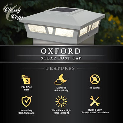 Classy Caps SLX772C 6x6 Brown Aluminum Oxford Solar Post Cap – High-Performance Solar Lighting, 2 LEDs, Durable Cast Aluminum, Decorative Glass Lens, Easy DIY, Fits 6"x6", 5.5"x5.5", 5"x5"