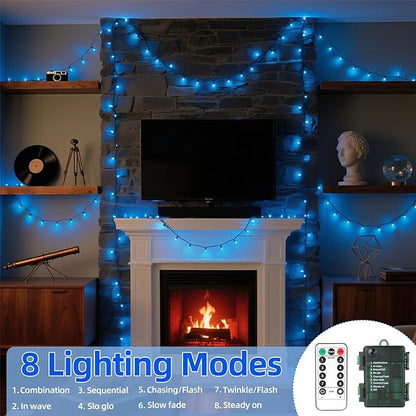 33Ft 100LED Blue Battery Operated Christmas Tree Lights 8 Modes String Lights Timer Indoor Outdoor for Christmas Halloween Holiday Party Bedroom Classroom Decoration