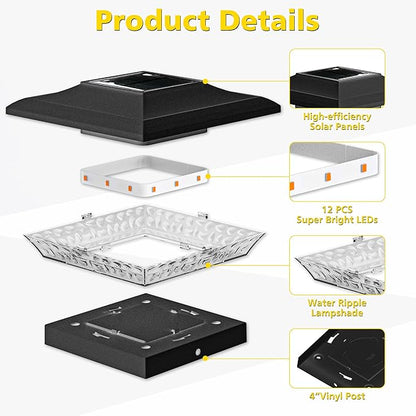 T-SUN 4x4 Solar Post Cap Lights Outdoor 24 Pack, Warm White LED Fence Post Solar Lights Fit for 4x4 Vinyl Posts, Waterproof Deck Light Solar Powered for Garden Patio Gate Porch