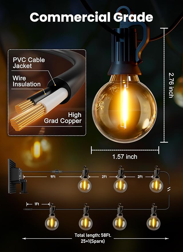 Brightown 58ft Solar String Lights, 26 Shatterproof LED Bulbs with Remote Control, Outdoor Patio & Cafe Lights
