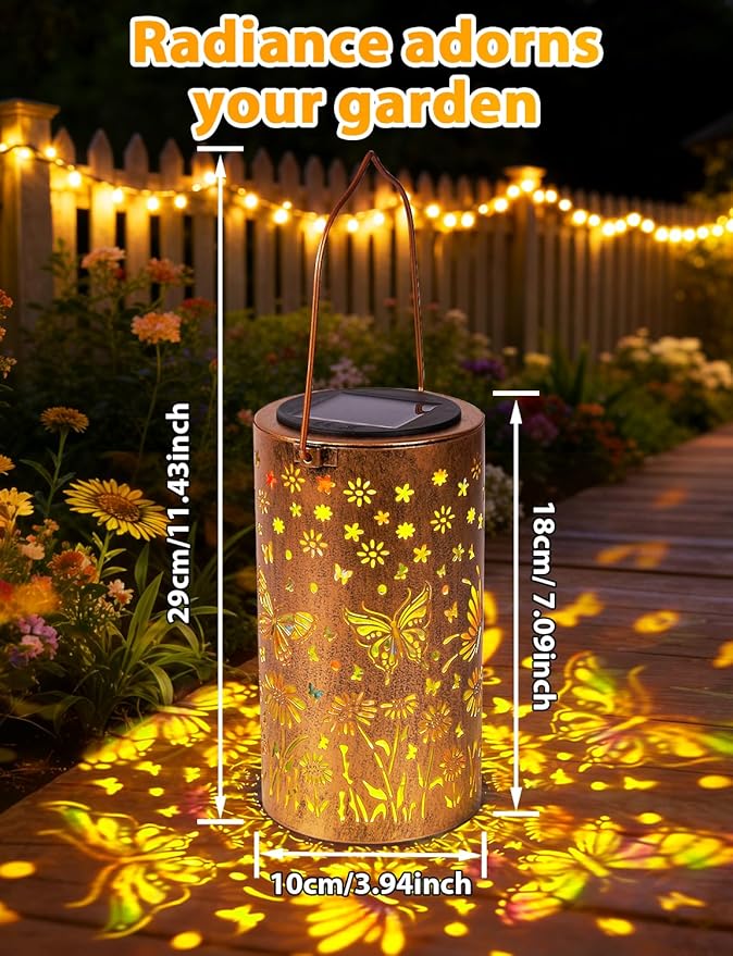 Sunflower Solar Lanterns Outdoor Waterproof, Metal Lantern Garden Lights with Color Projection, Garden Decor Gifts for Mom Women Mother Grandma, Hanging Solar Lights for Yard Porch Patio (Butterfly)