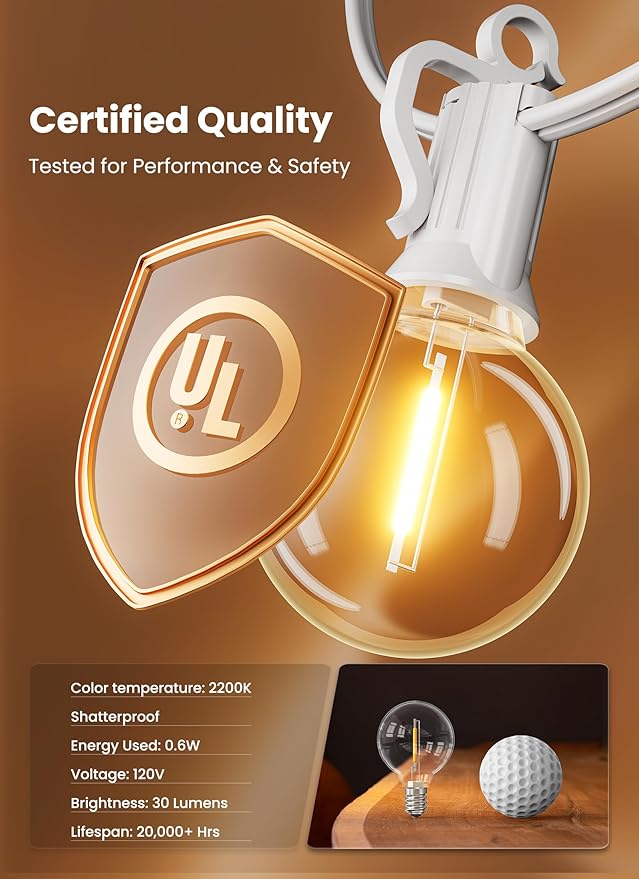 White Backyard String Lights, Weatherproof LED
