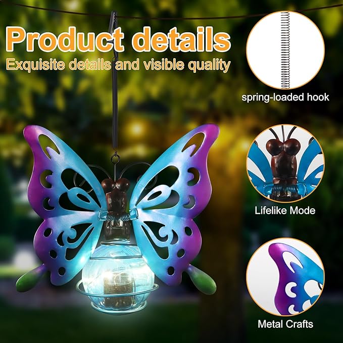 Butterfly Solar Outdoor Hanging Lantern Creative Small Sculpture Lights Durable Waterproof Lamp Suitable for Festivals Garden Decor Birthday Gifts for Grandma Mom Women Girl