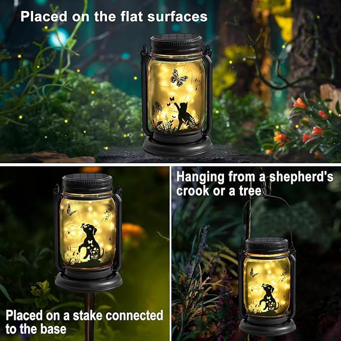 2 Pack Outdoor Hanging Solar Lantern, Cat & Dog Butterfly Vintage Glass Mason Jar, Birthday Mothers Day Gifts for Mom, Grandma, Women, Waterproof Garden Lights for Patio Yard Lawn Tree Decor