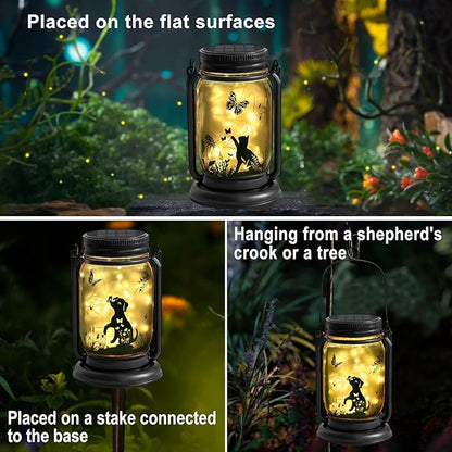 2 Pack Outdoor Hanging Solar Lantern, Cat & Dog Butterfly Vintage Glass Mason Jar, Birthday Mothers Day Gifts for Mom, Grandma, Women, Waterproof Garden Lights for Patio Yard Lawn Tree Decor